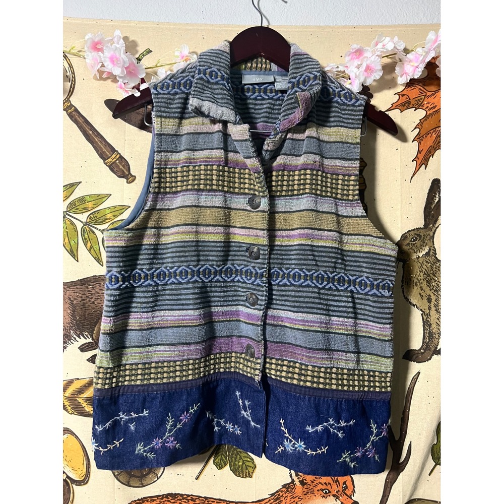 IVY Vest Women Small Multi Color Excellent Embroidered Denim Mixed Media Striped